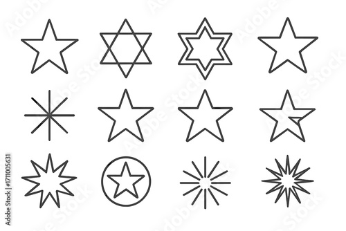 Geometric Star Icons. Line style icons of geometric stars: five-pointed star, six-pointed hexagram, layered stars, nested stars;