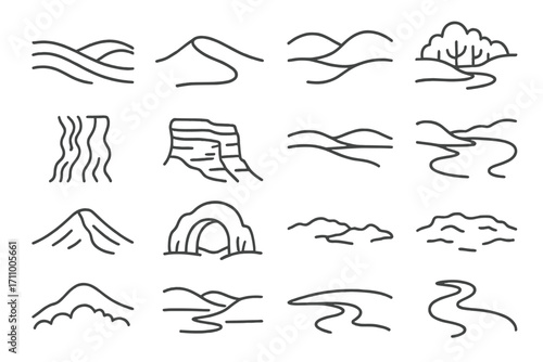 Organic Landscape Icons. Line style icons of organic landscapes: rolling hill lines, curved dune, soft valley, flowing forest edge