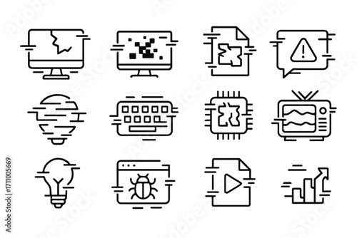 Glitch Technology Icons. Line style icons of glitch technology: broken monitor, pixelated screen, corrupted file, error popup;
