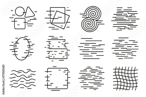 Glitch Art Icons. Line style icons of glitch abstract: floating shapes, broken geometry, duplicated spirals, distorted forms;