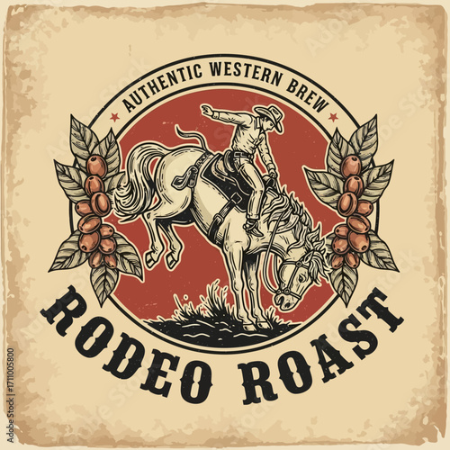 A cowboy riding a bucking horse, surrounded by coffee beans, a vintage-style graphic design.