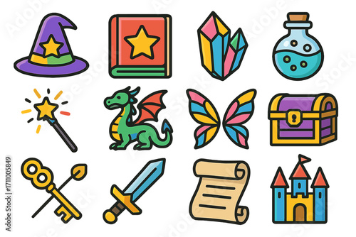 Colorful Fantasy Icons. Line style icons of colorful fantasy: colorful wizard hat, colorful spellbook, colorful crystal, colorful