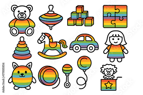 Rainbow Toy Icons. Line style icons of rainbow toys: rainbow teddy bear, rainbow spinning top, rainbow building blocks, rainbow