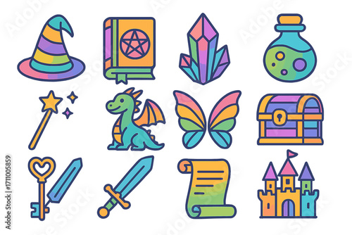 Colorful Fantasy Icons. Line style icons of colorful fantasy: colorful wizard hat, colorful spellbook, colorful crystal, colorful