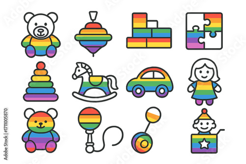 Rainbow Toy Icons. Line style icons of rainbow toys: rainbow teddy bear, rainbow spinning top, rainbow building blocks, rainbow