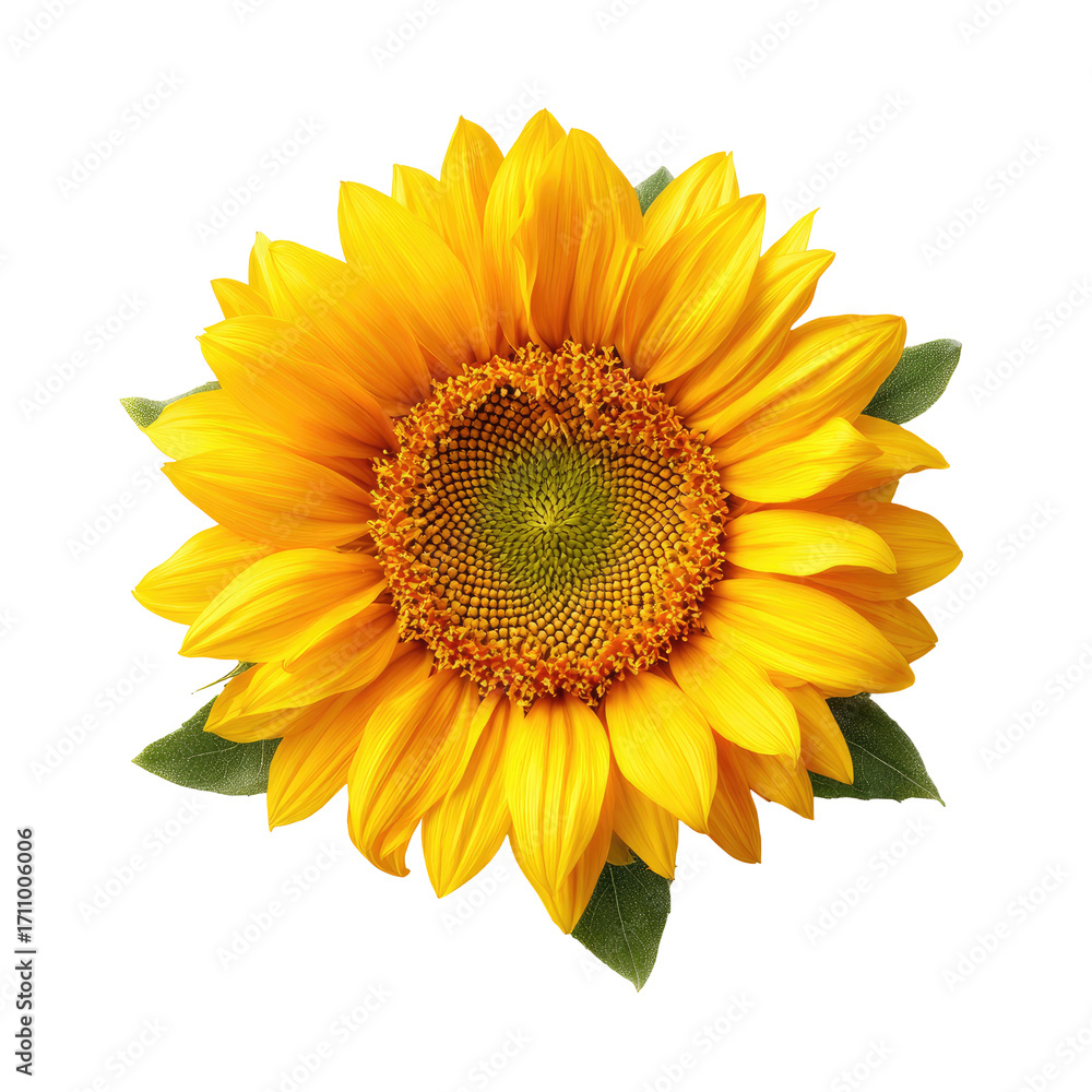 Obraz premium Close-up of a vibrant sunflower. Bright yellow petals surround a dark-yellow central disc, accented by green seed-heads