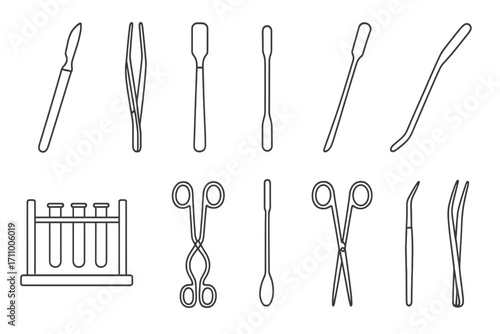 Metallic Lab Tools Icons. Line style icons of metallic laboratory tools: metallic scalpel, metallic forceps, metallic spatula,