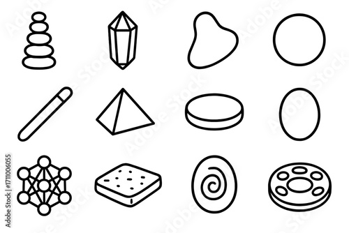 Healing Stone Icons. Line style icons of stone healing and energy: stone chakra, stone crystal, stone massage tool, stone sphere;