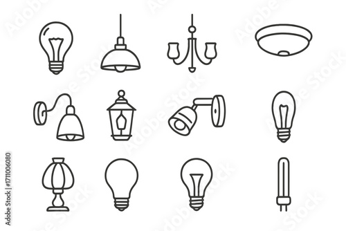 Glass Lighting Icons. Line style icons of glass lighting: glass bulb, glass pendant lamp, glass chandelier, glass ceiling lamp;