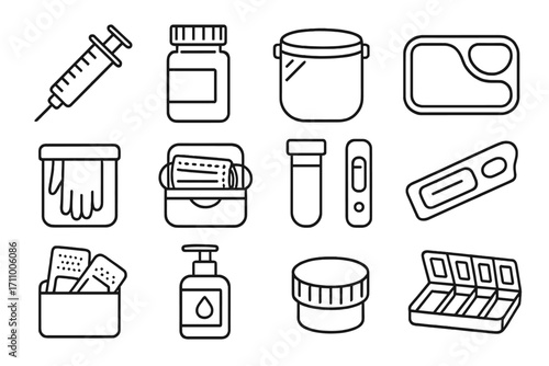 Medical Plastic Icons. Line style icons of plastic medical items: plastic syringe, plastic pill bottle, plastic face shield,