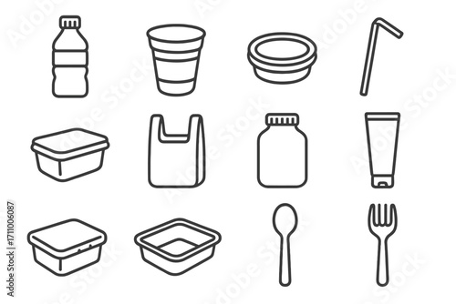 Plastic Icons Collection. Line style icons of plastic objects: plastic bottle, plastic cup, plastic lid, plastic straw; plastic