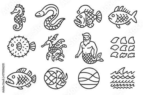 Aquatic Creature Scales. Line style icons of aquatic creatures with scales: seahorse scales, eel scales, anglerfish scales,