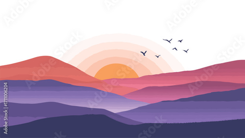 Spectacular Sunset Landscape with Hills and Birds Silhouette