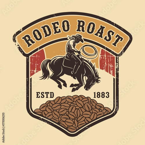 A cowboy riding a bucking horse, surrounded by coffee beans, a vintage-style graphic design.