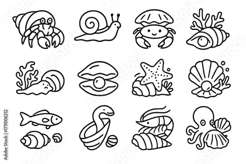 Marine Life Icons. Line style icons of marine life with shells: hermit crab in shell, snail on shell, crab under shell, sea slug