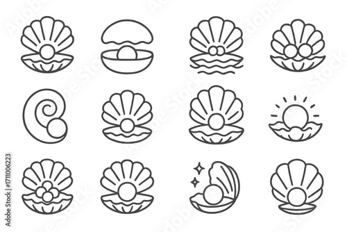 Pearl Shell Icons. Line style icons of pearl and shell combinations: open shell with pearl, closed shell with pearl inside,