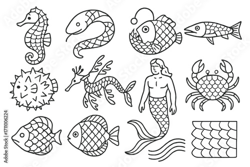 Aquatic Creature Scales. Line style icons of aquatic creatures with scales: seahorse scales, eel scales, anglerfish scales,