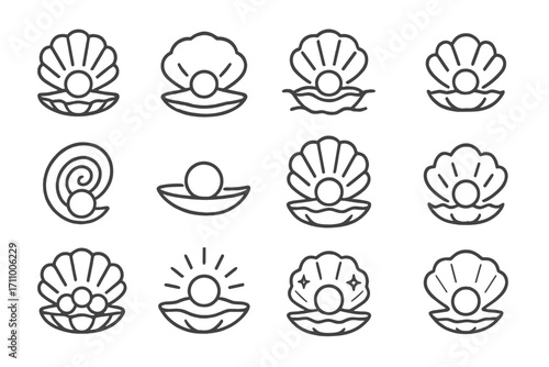 Pearl Shell Icons. Line style icons of pearl and shell combinations: open shell with pearl, closed shell with pearl inside,