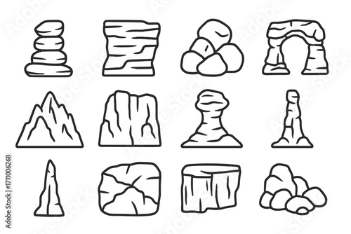 Line Style Rock Icons. Line style icons of rock formations: rock stack, layered cliff rock, boulder pile, weathered stone arch;
