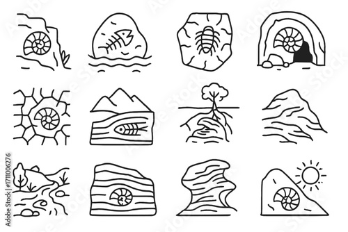 Nature's Fossil Icons. Line style icons of fossil scenes in nature: cliff with fossil, sea rock imprint, dried riverbed fossil,