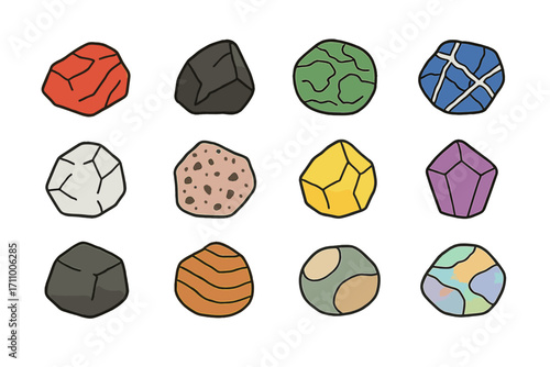 Colorful Rock Icons. Line style icons of colored rocks: red jasper stone, black obsidian, green serpentine, blue sodalite; white