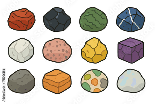 Colorful Rock Icons. Line style icons of colored rocks: red jasper stone, black obsidian, green serpentine, blue sodalite; white