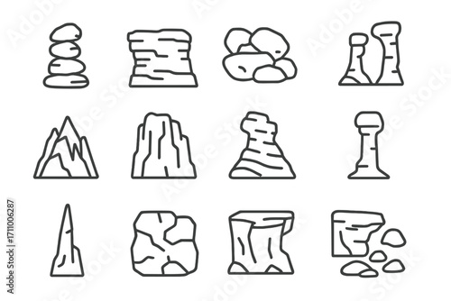 Line Style Rock Icons. Line style icons of rock formations: rock stack, layered cliff rock, boulder pile, weathered stone arch;