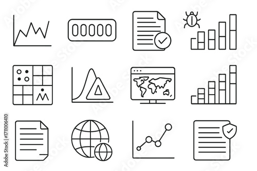 Cybersecurity Metrics Icons. Line style icons of hacking statistics and metrics: attack timeline graph, breached accounts counter,