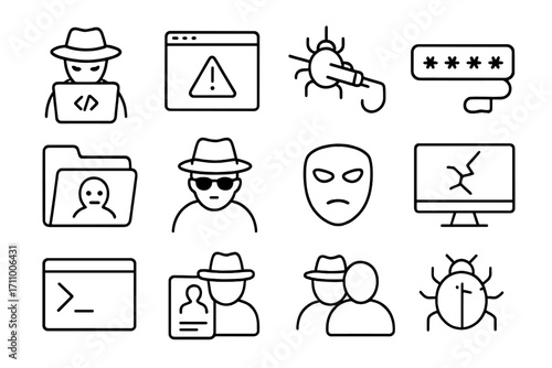 Line Style Cyber Icons. Line style icons of black hat hacking: shadow coder, illegal access warning, virus injection symbol,
