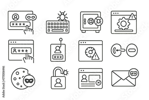 Digital Fraud Icons. Line style icons of digital fraud: cloned login screen, keylogger activity, password vault breach, fake