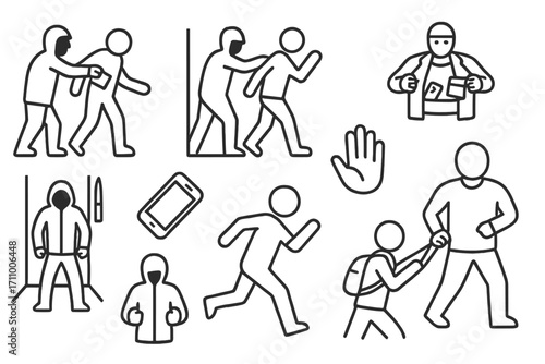 Mugging Line Icons. Line style icons of mugging: wallet snatch, person pushed, backpack grab, alley confrontation; shadowy