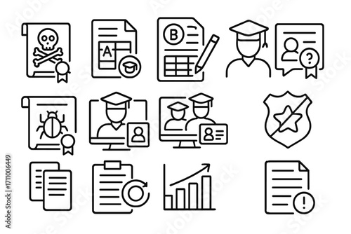 Educational Fraud Icons. Line style icons of educational fraud: forged diploma, fake transcript, altered report card,