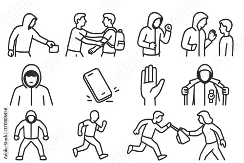 Mugging Line Icons. Line style icons of mugging: wallet snatch, person pushed, backpack grab, alley confrontation; shadowy