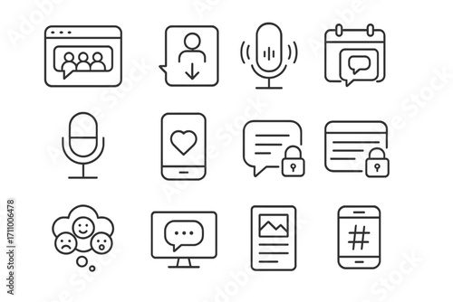 Digital Confession Icons. Line style icons of digital platforms for confession: confession forum icon, anonymous submission site,
