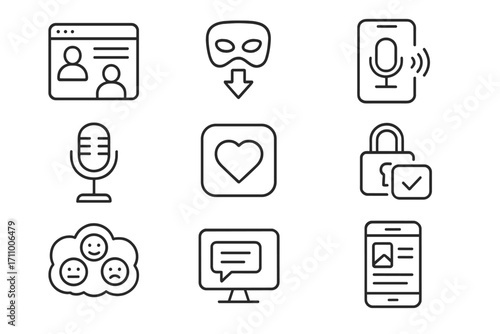 Digital Confession Icons. Line style icons of digital platforms for confession: confession forum icon, anonymous submission site,