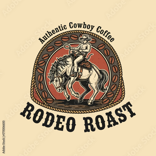 A cowboy riding a bucking horse, surrounded by coffee beans, a vintage-style graphic design.