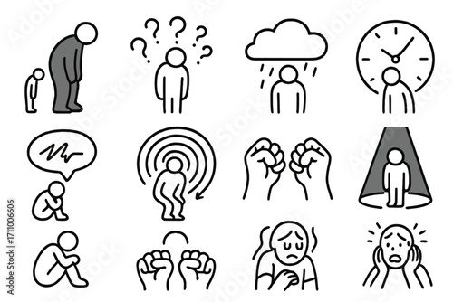 Icons of Psychological Stress. Line style icons of psychological pressure: shrinking figure, looming shadow, question storm,