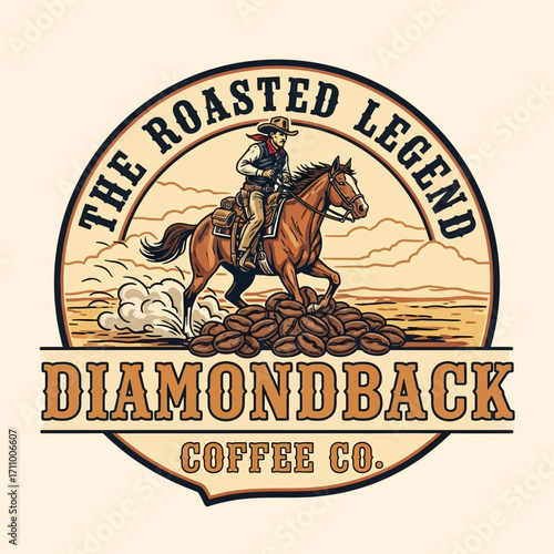 A cowboy riding a bucking horse, surrounded by coffee beans, a vintage-style graphic design.