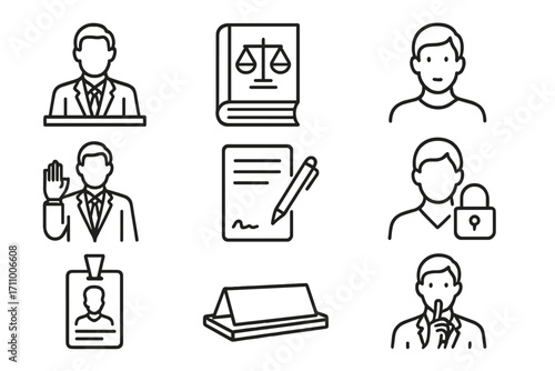 Legal Icons Overview. Line style icons of legal presence: defense attorney seated, legal book icon, calm observer, person in suit;