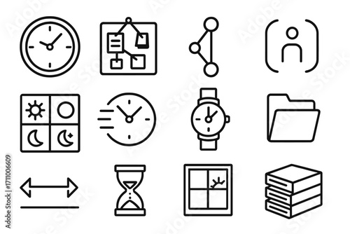 Interrogation Timeline Icons. Line style icons of interrogation timeline: clock ticking, evidence board, sequence diagram, time