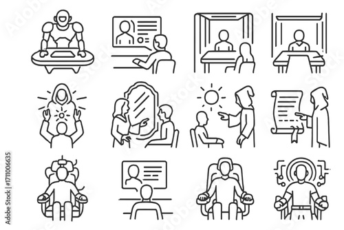Futuristic Interrogation Icons. Line style icons of fictional interrogations: sci-fi table, robotic interrogator, holographic