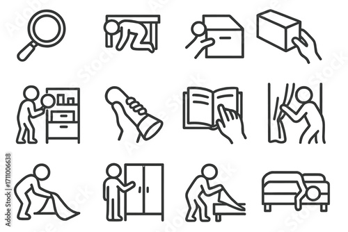 Search Action Icons. Line style icons of physical search actions: magnifying glass, person looking under table, open drawer,