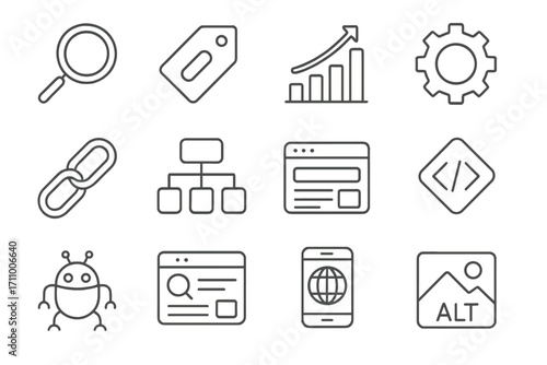 SEO Icon Set. Line style icons of search engine optimization: magnifying glass, keyword tag, ranking chart, gear; link building