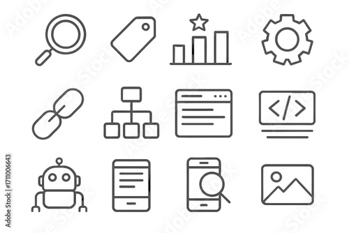 SEO Icon Set. Line style icons of search engine optimization: magnifying glass, keyword tag, ranking chart, gear; link building