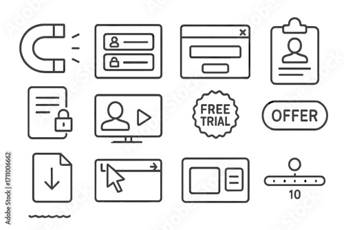 Lead Generation Icons. Line style icons of lead generation tactics: magnet icon, email signup form, pop-up window, contact capture