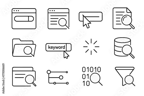 Digital Search Icons. Line style icons of digital search: web browser bar, search result list, cursor on search box, document scan