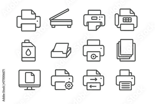 Document Tools Icons. Line style icons of document & printing tools: printer, scanner, copier, fax; ink cartridge, paper tray,