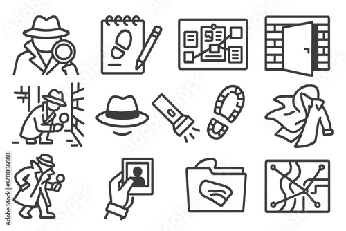 Detective Scene Icons. Line style icons of detective search scenes: trench coat figure with magnifier, notepad and clues, pinned