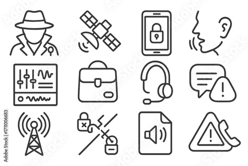 Covert Communication Icons. Line style icons of covert communication intercept: agent silhouette with mic, satellite symbol,
