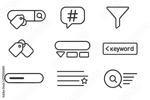 Keyword Search Icons. Line style icons of keyword and tag search: search bar with tag, hashtag bubble, filter funnel icon, tag